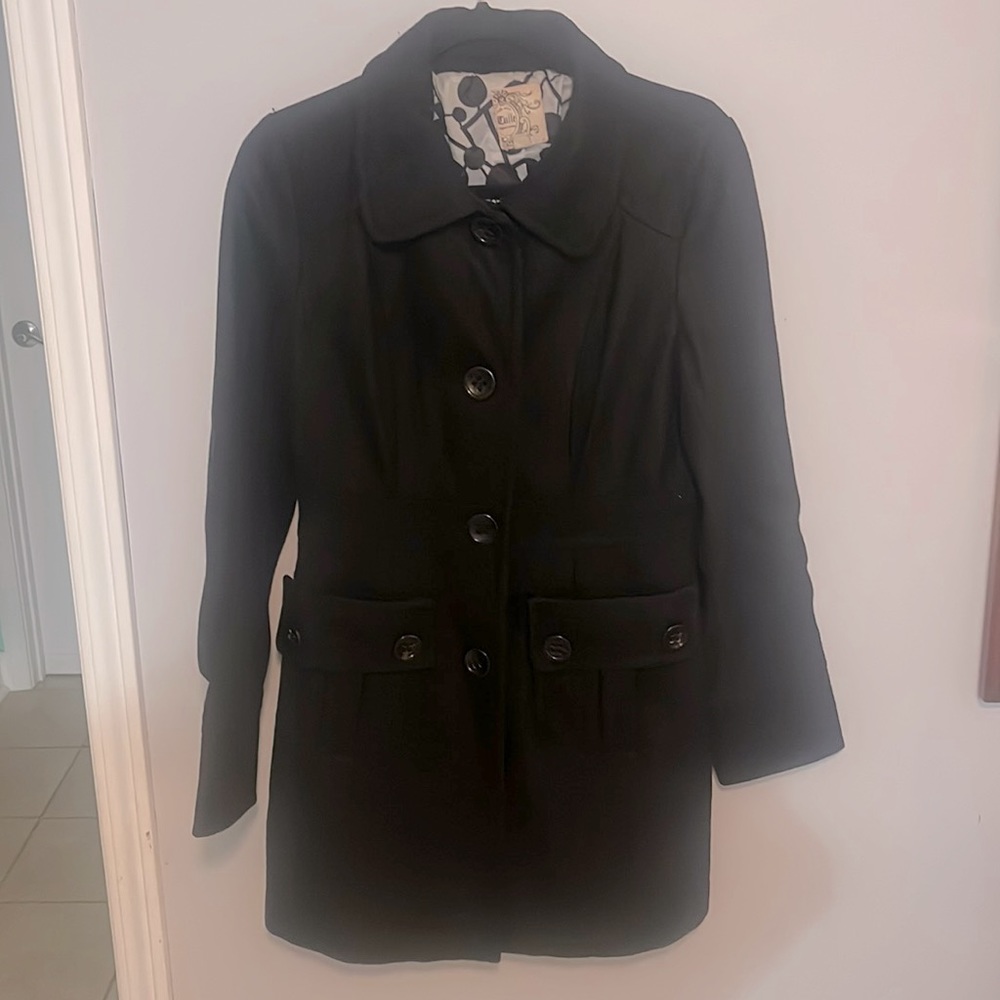 Anthropologie Black Tulle Wool Viscose Blend Coat